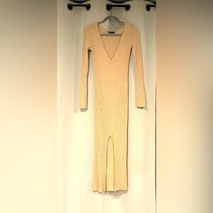 Zara Elegant Cream Ribbed Knit Dress - Medium